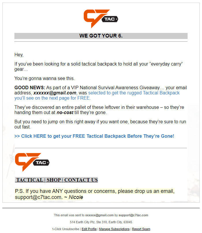 Screenshot of the email generated on import