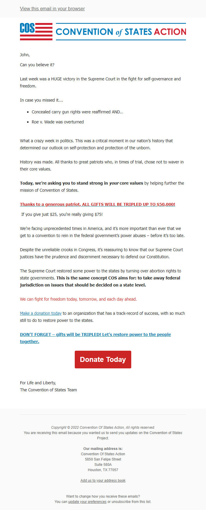 Screenshot of the email generated on import
