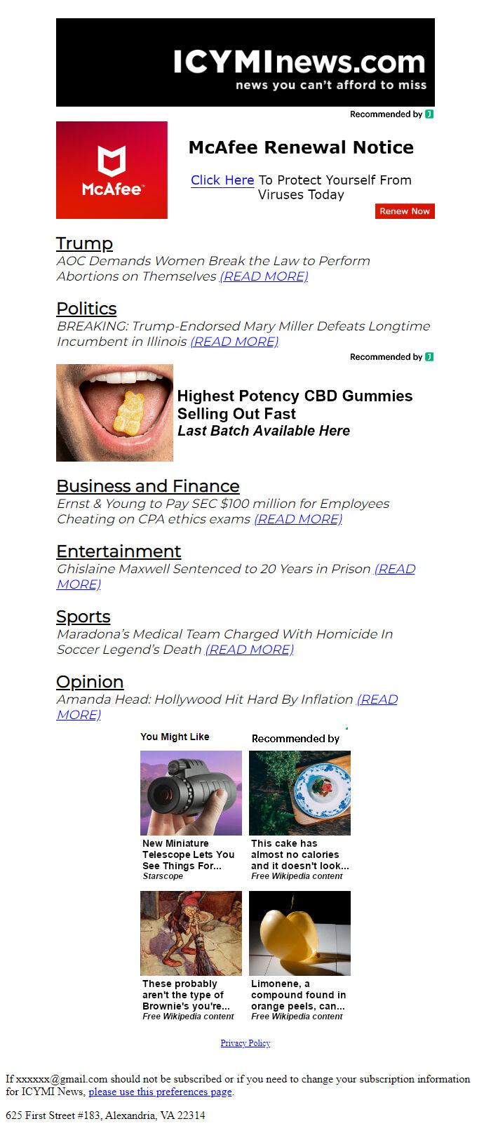 Screenshot of the email generated on import