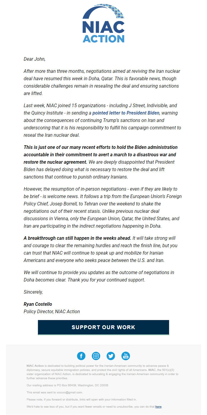 Screenshot of the email generated on import