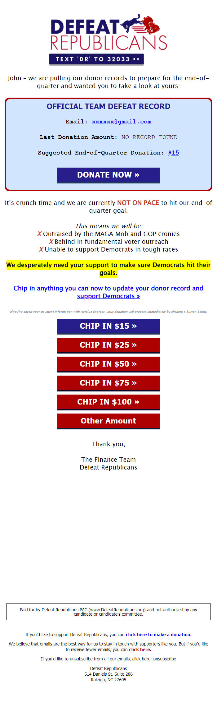Screenshot of the email generated on import