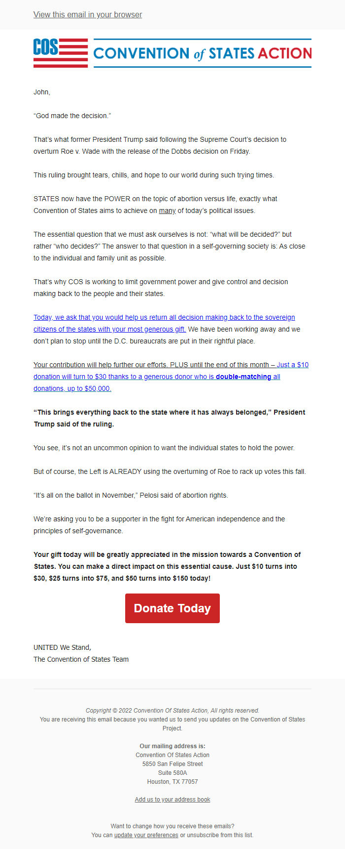 Screenshot of the email generated on import