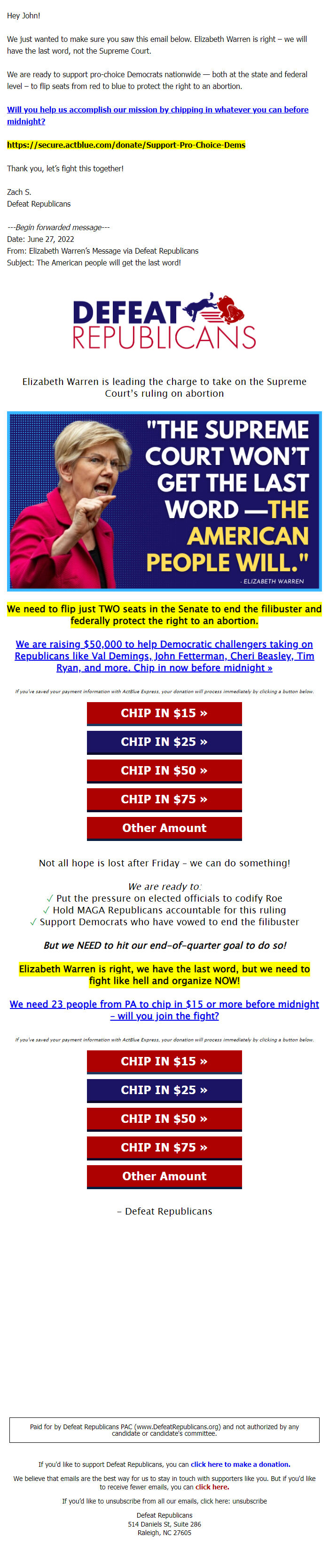 Screenshot of the email generated on import