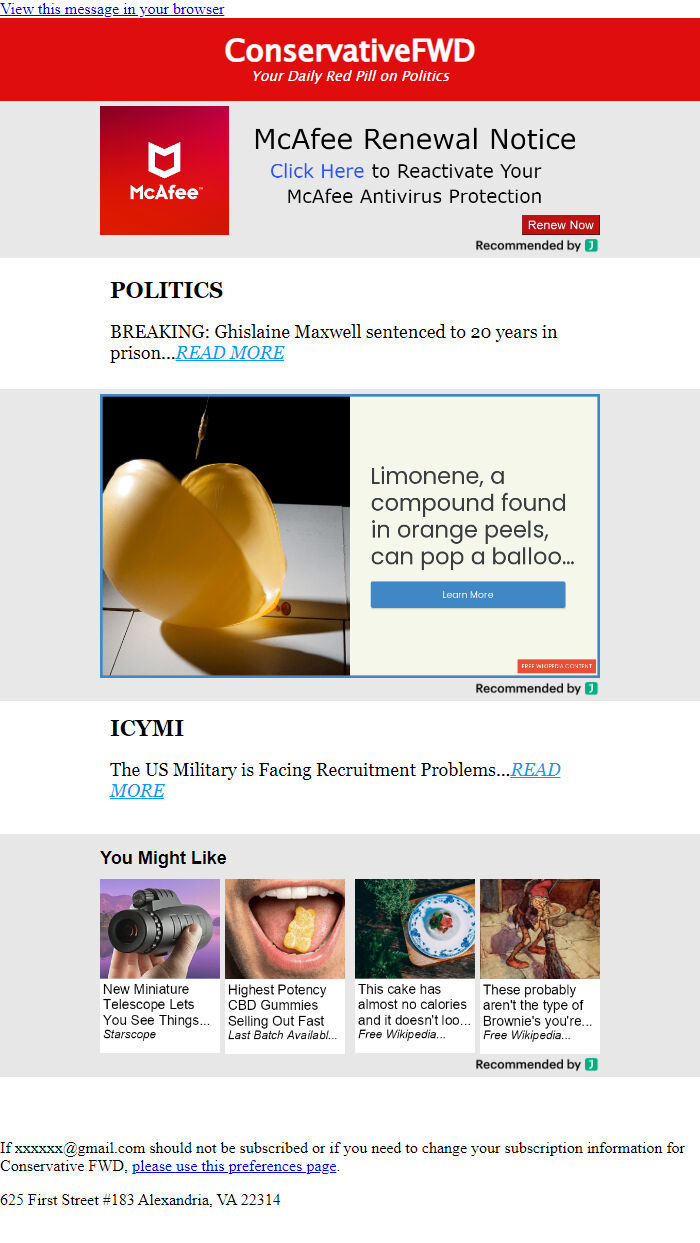 Screenshot of the email generated on import
