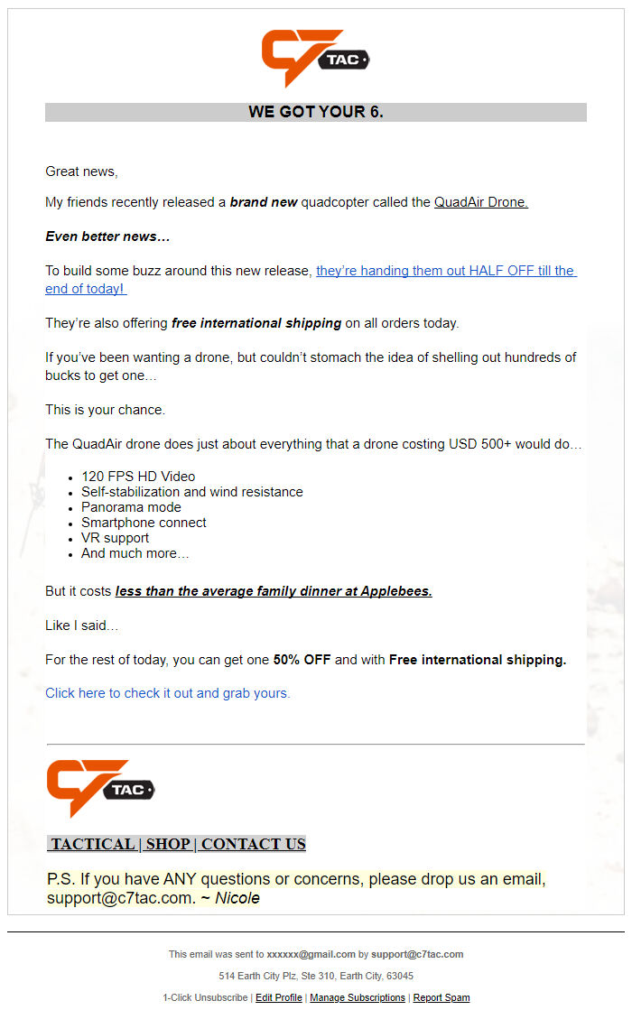 Screenshot of the email generated on import