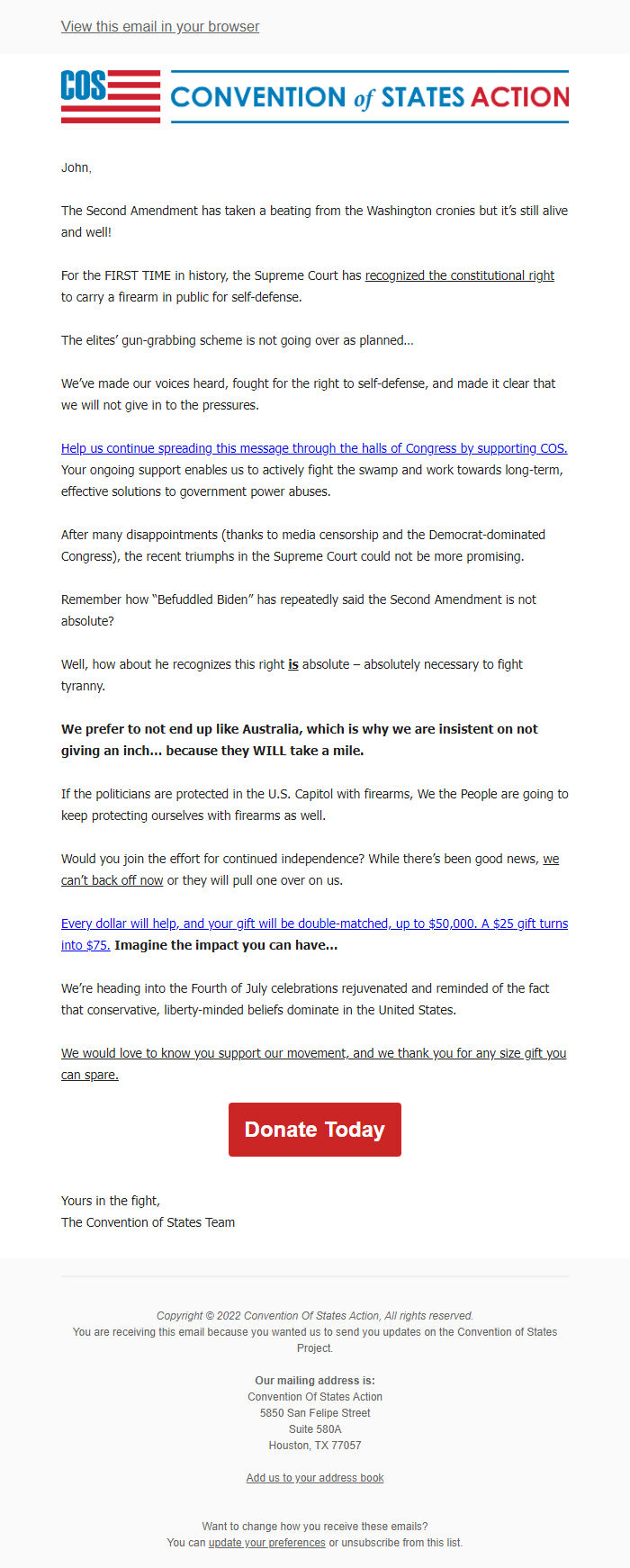 Screenshot of the email generated on import