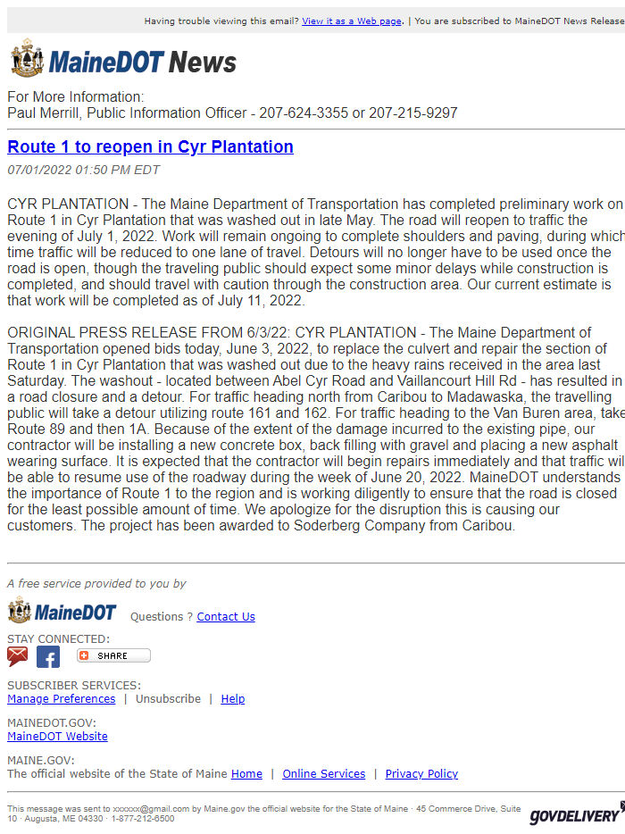 Screenshot of the email generated on import
