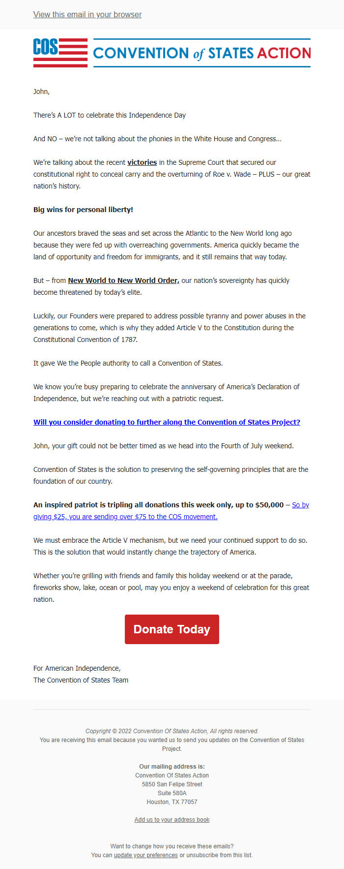 Screenshot of the email generated on import