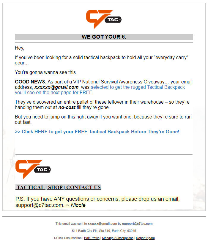 Screenshot of the email generated on import