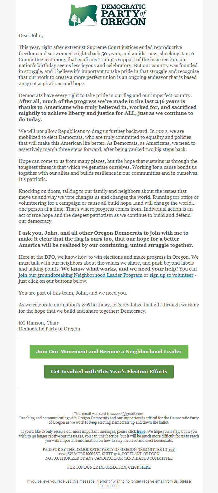 Screenshot of the email generated on import