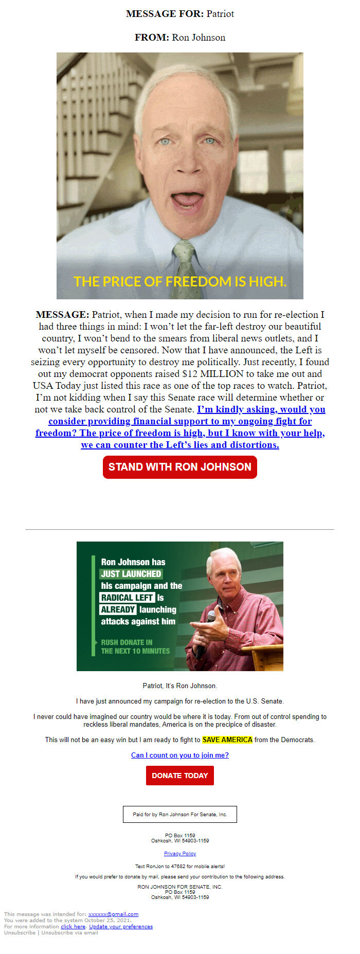 Screenshot of the email generated on import