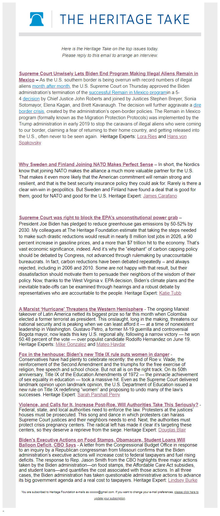 Screenshot of the email generated on import