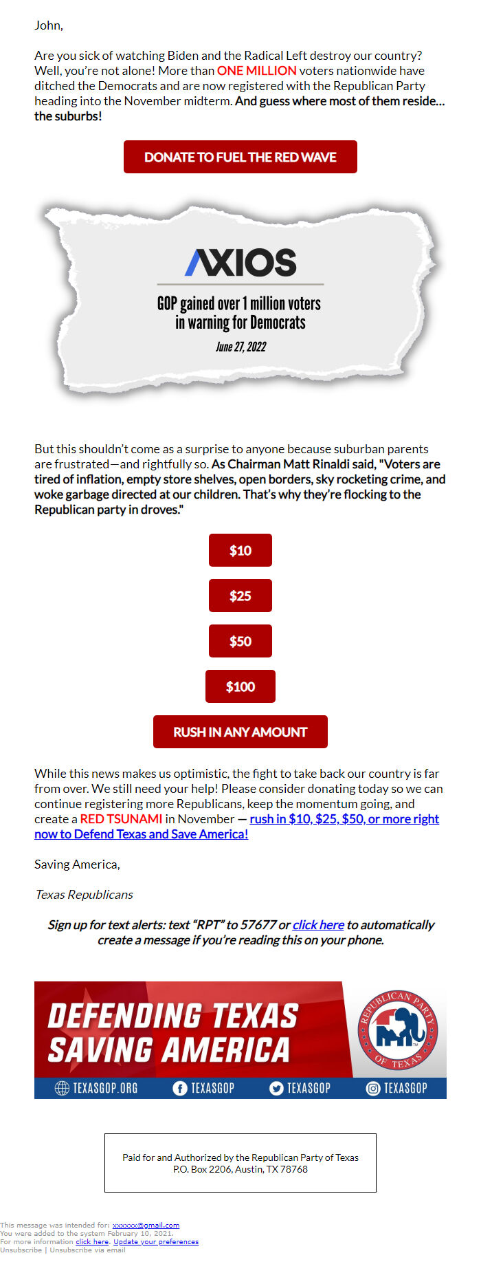 Screenshot of the email generated on import