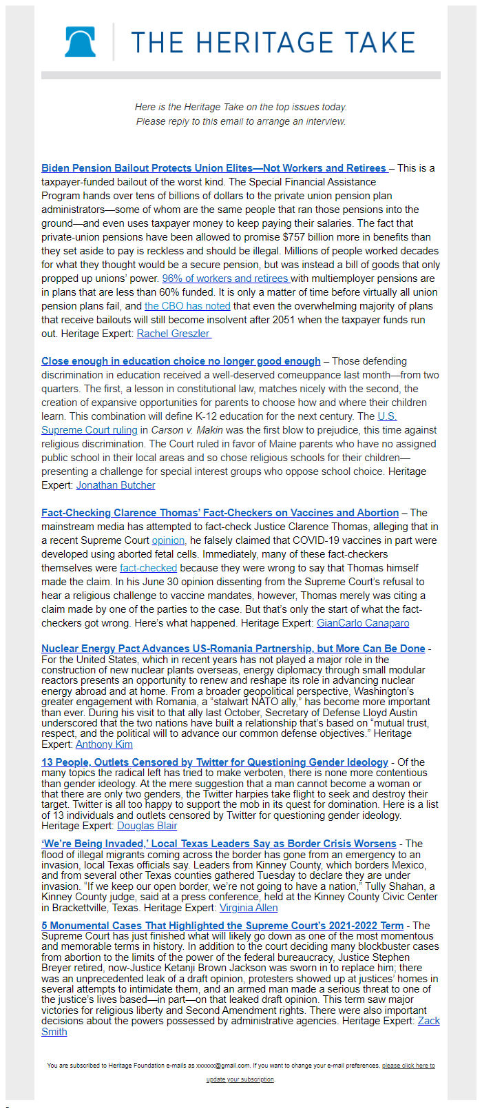 Screenshot of the email generated on import