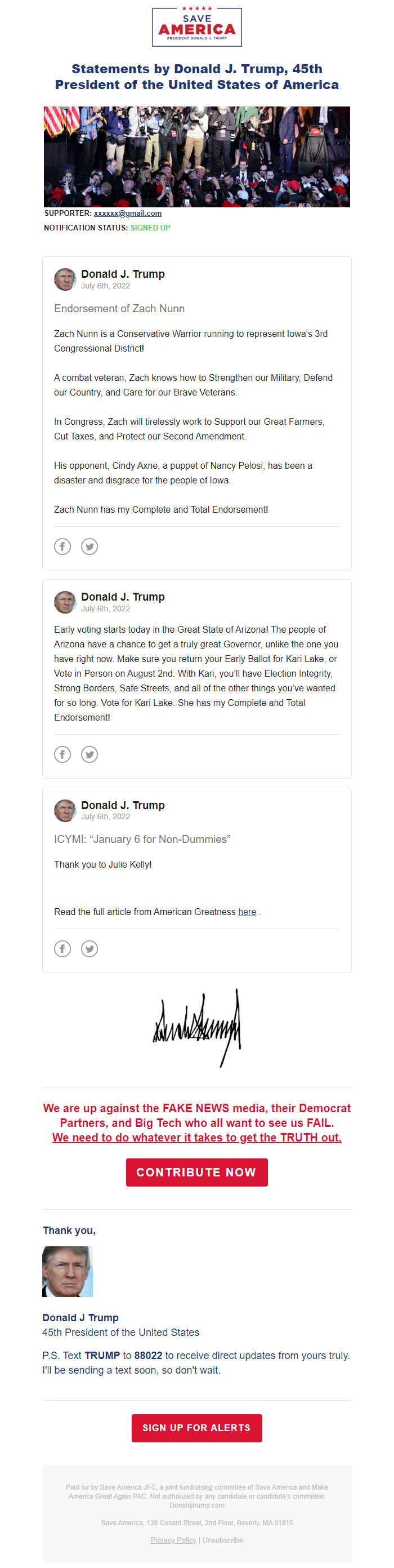 Screenshot of the email generated on import