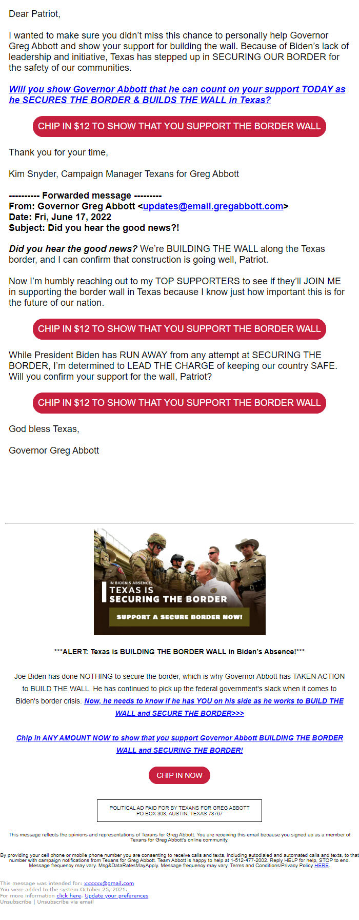 Screenshot of the email generated on import