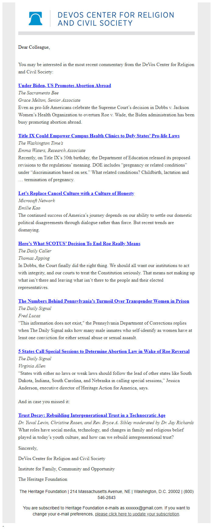 Screenshot of the email generated on import
