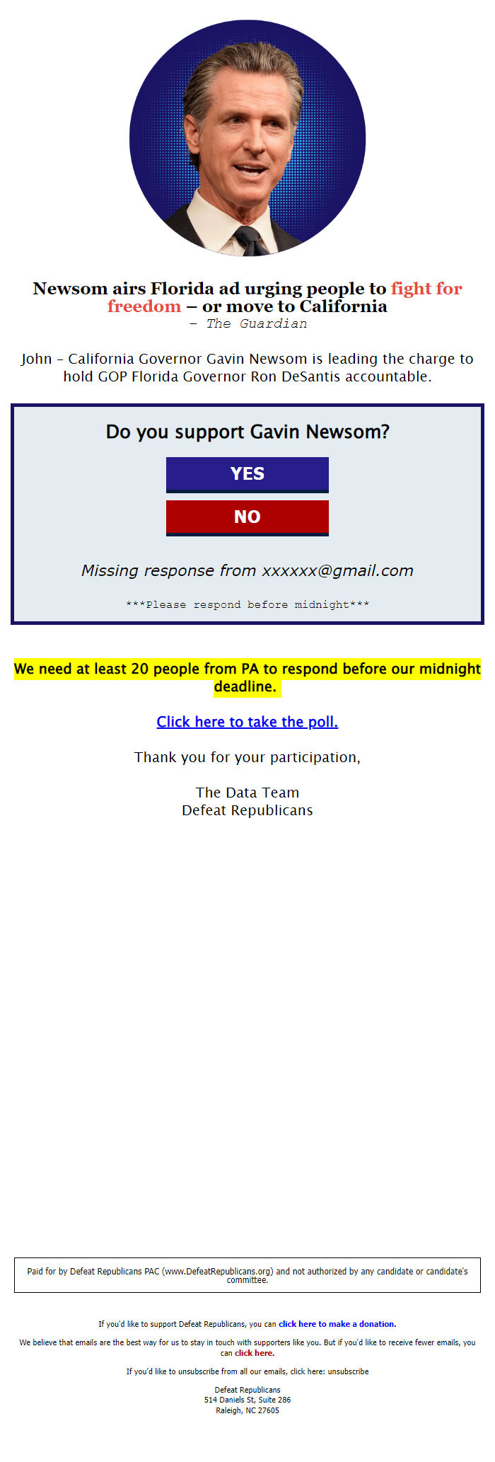 Screenshot of the email generated on import
