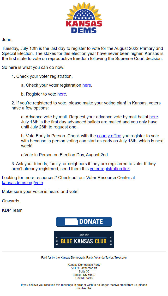 Screenshot of the email generated on import