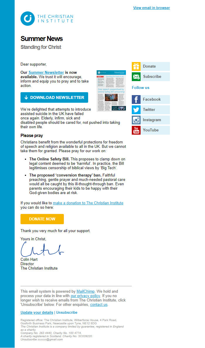 Screenshot of the email generated on import