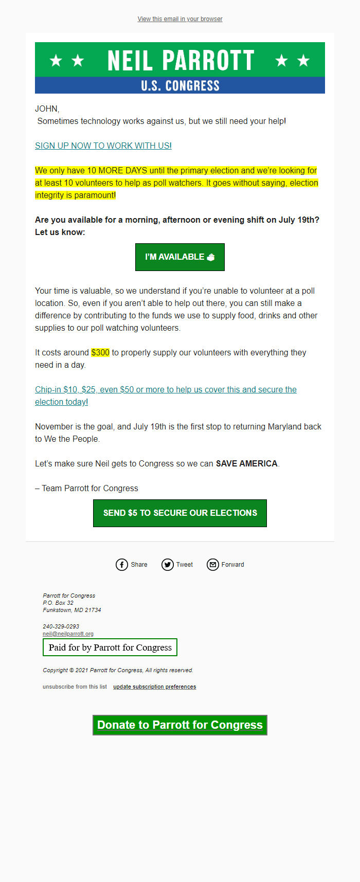 Screenshot of the email generated on import