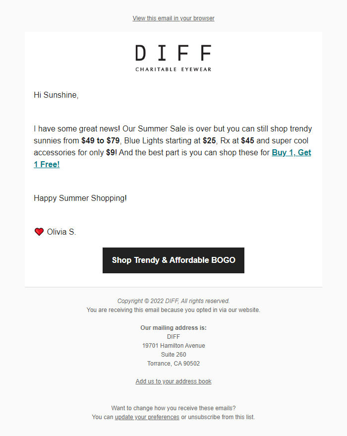 Screenshot of the email generated on import