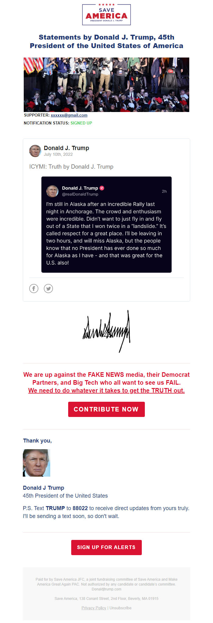 Screenshot of the email generated on import