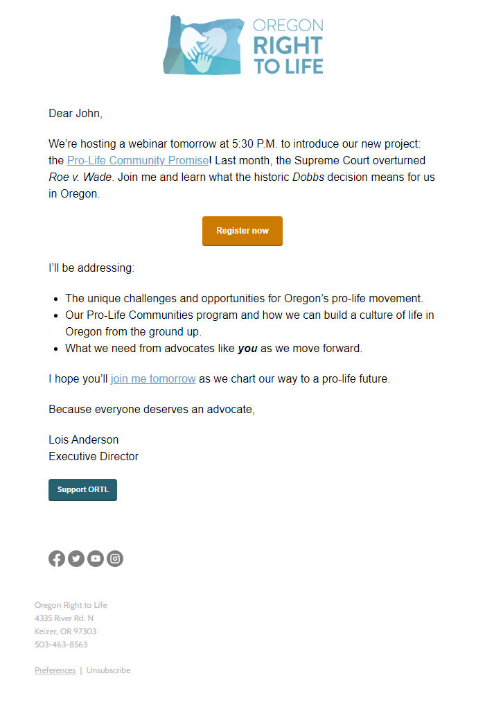 Screenshot of the email generated on import