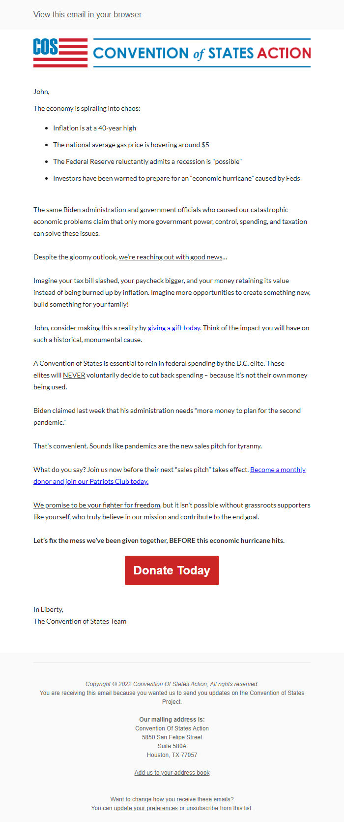 Screenshot of the email generated on import