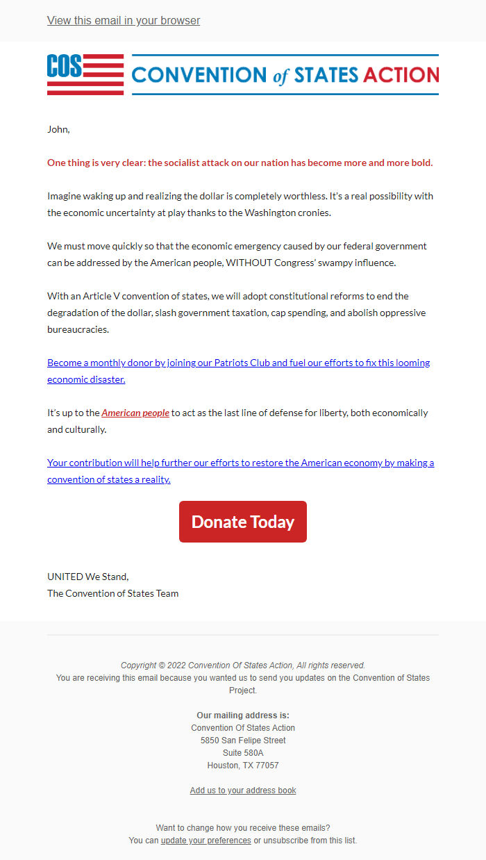Screenshot of the email generated on import