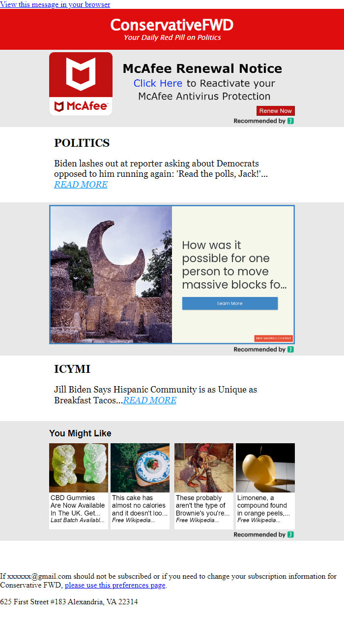 Screenshot of the email generated on import
