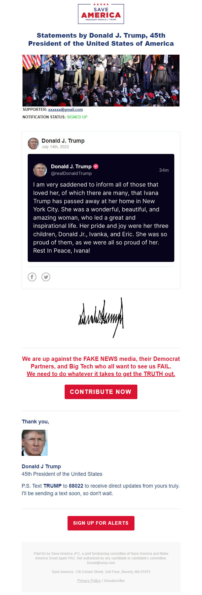 Screenshot of the email generated on import