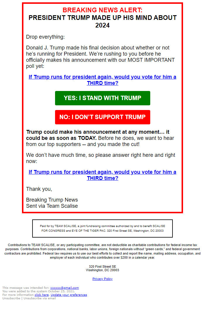 Screenshot of the email generated on import