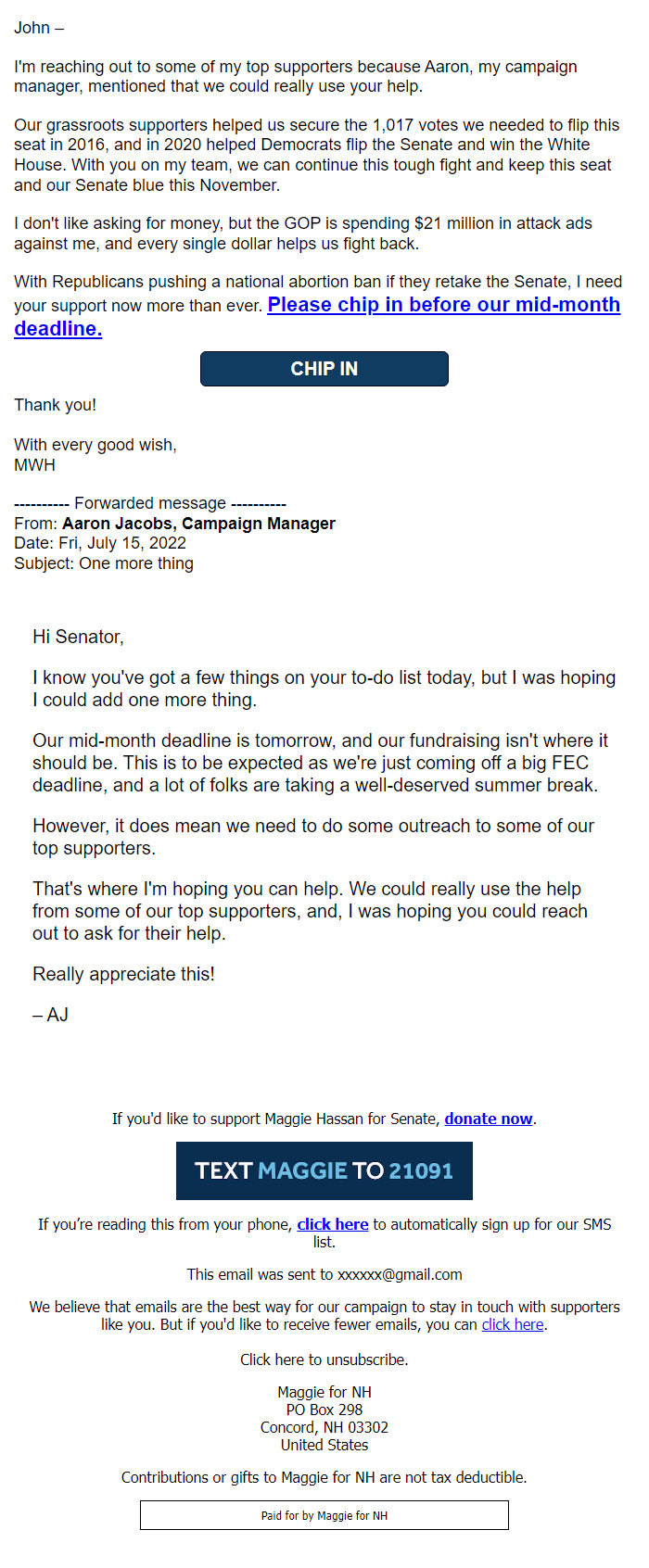 Screenshot of the email generated on import