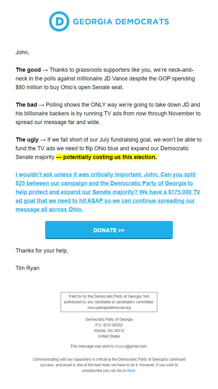 Screenshot of the email generated on import