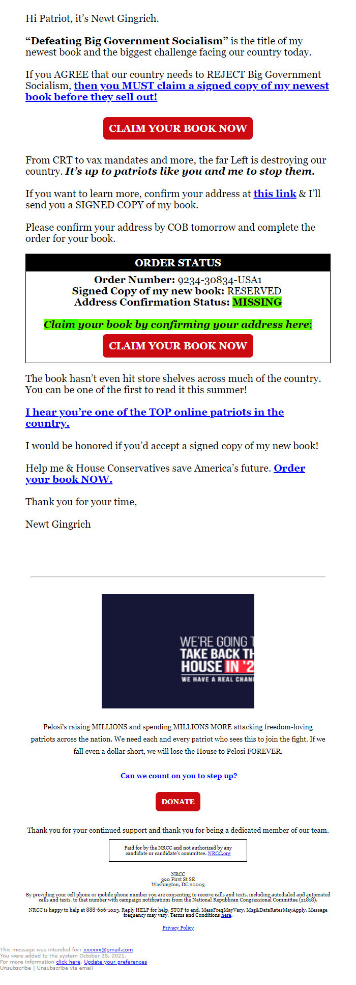 Screenshot of the email generated on import