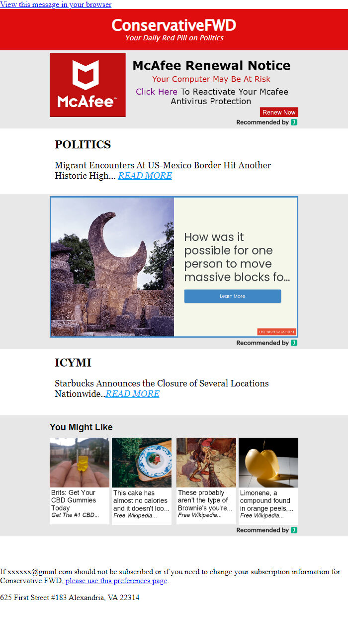 Screenshot of the email generated on import