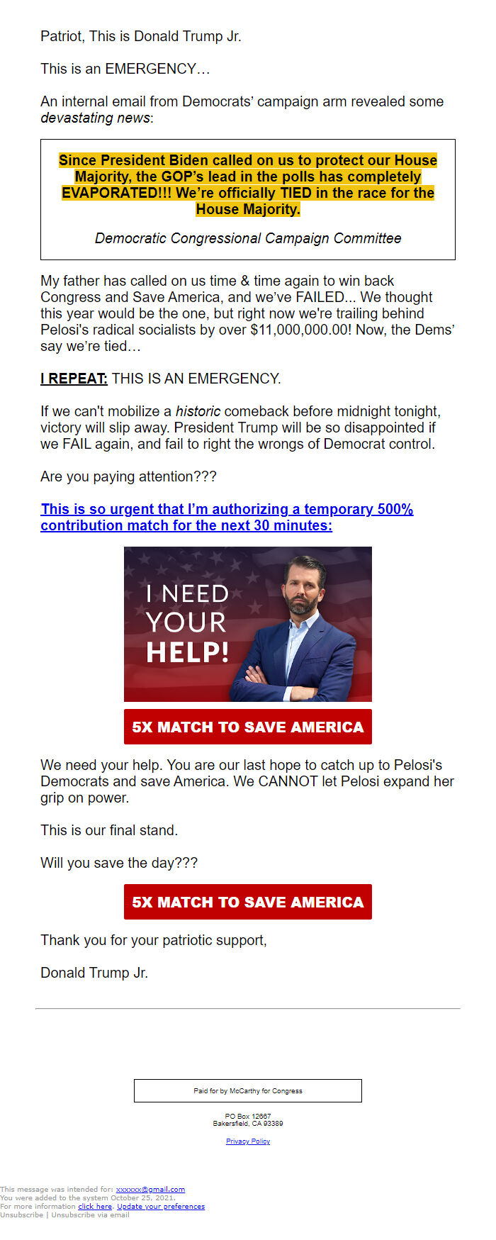 Screenshot of the email generated on import