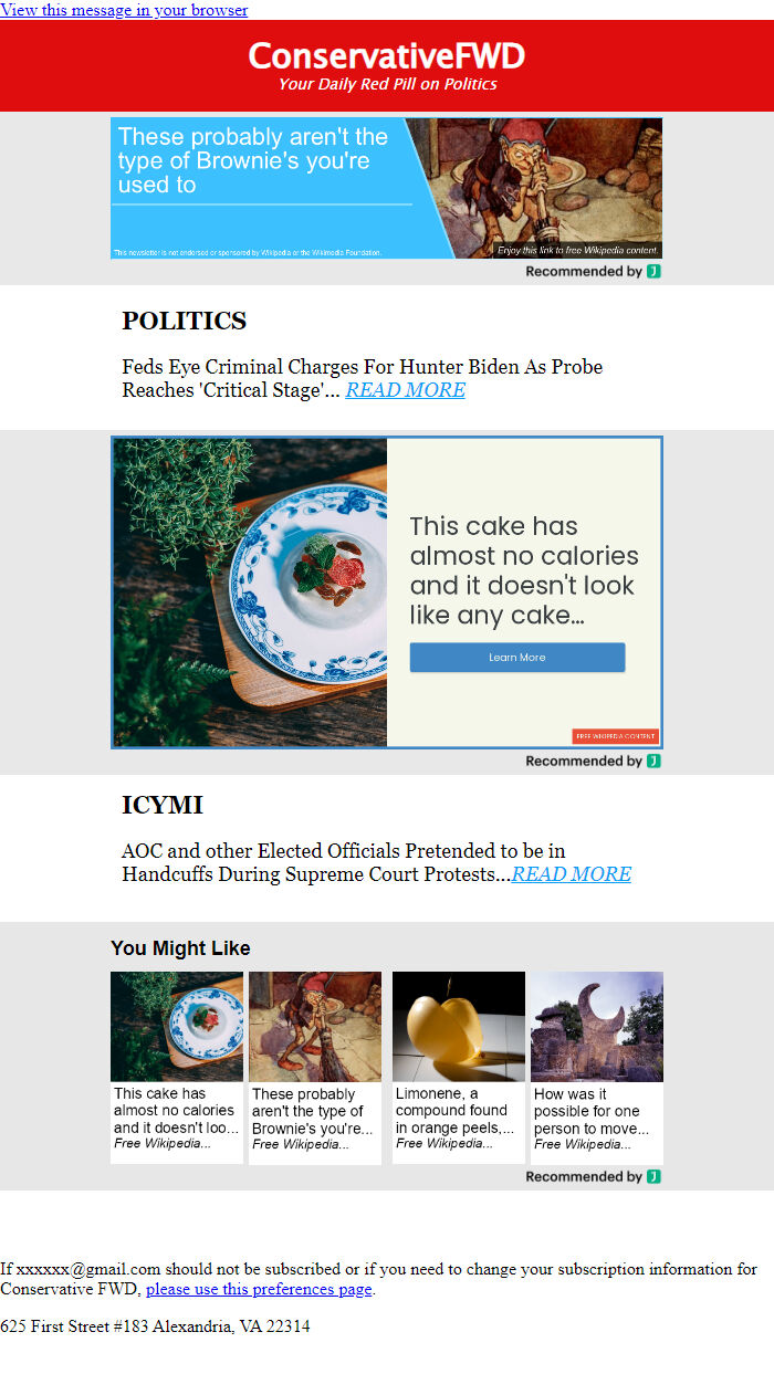 Screenshot of the email generated on import