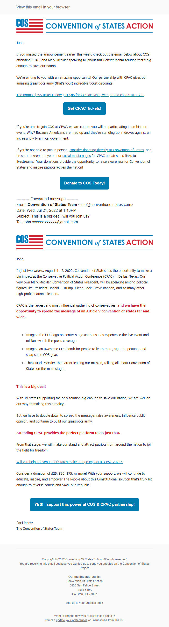 Screenshot of the email generated on import
