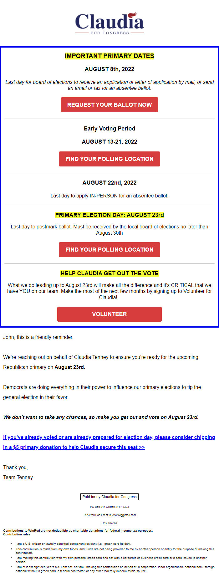 Screenshot of the email generated on import