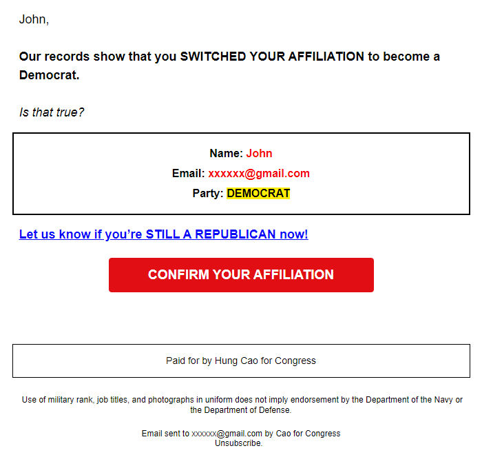Screenshot of the email generated on import