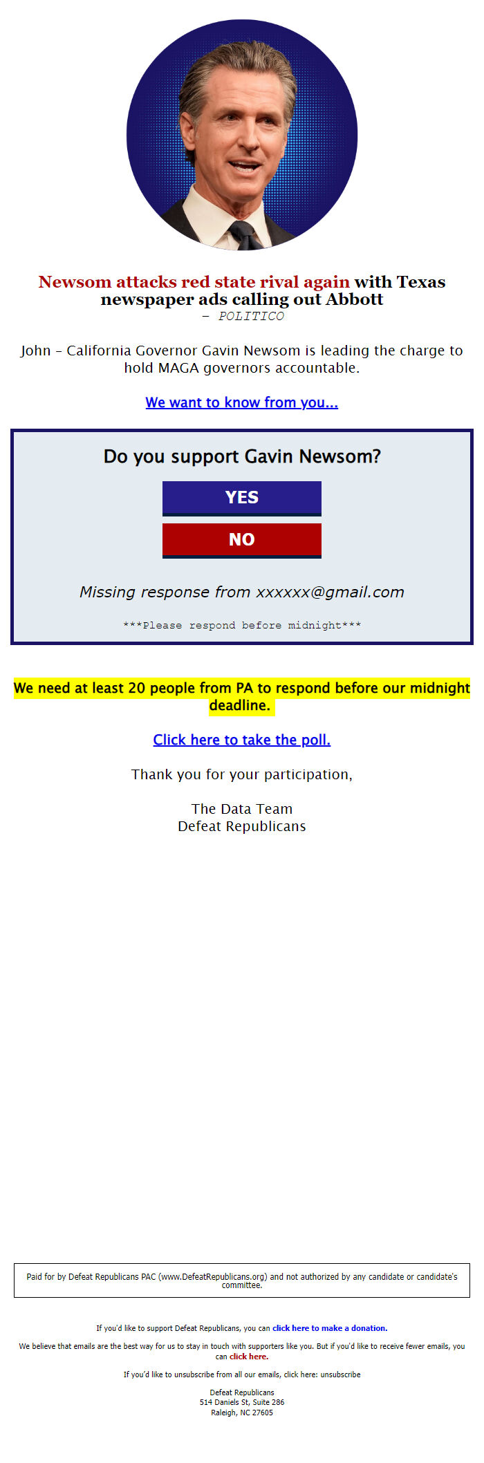 Screenshot of the email generated on import
