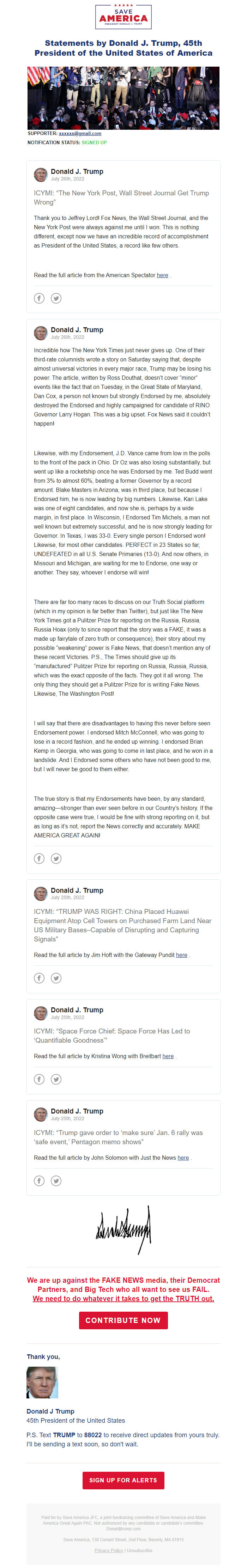 Screenshot of the email generated on import