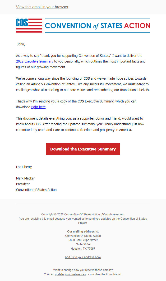 Screenshot of the email generated on import