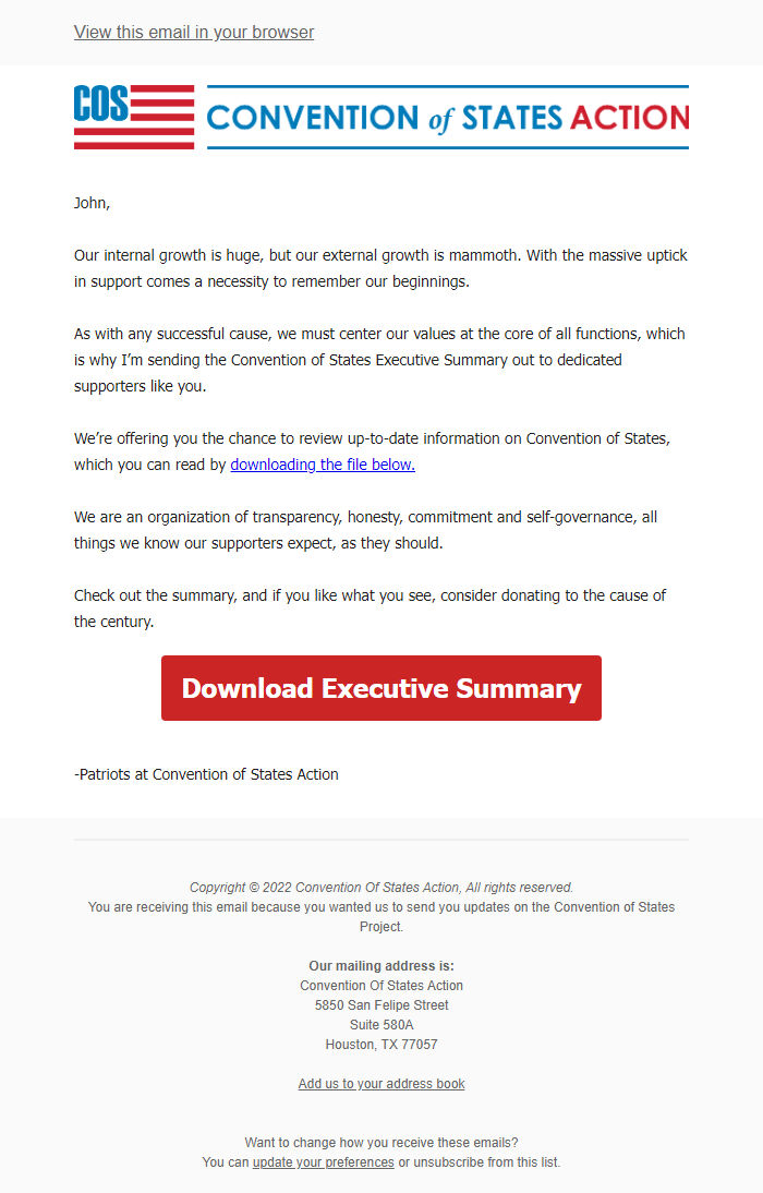 Screenshot of the email generated on import