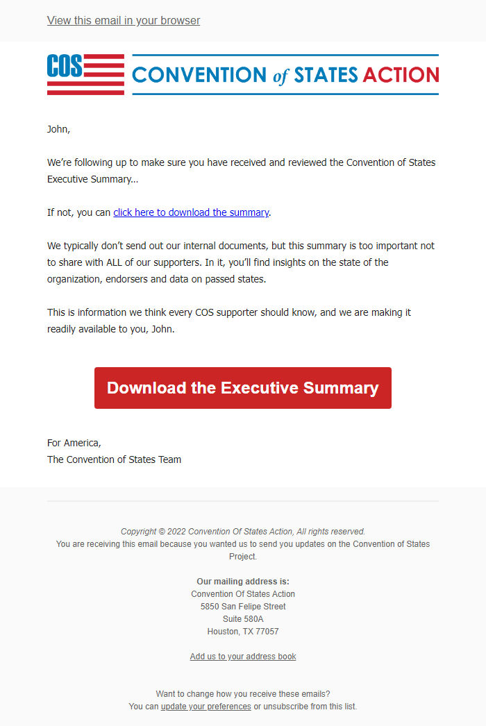 Screenshot of the email generated on import