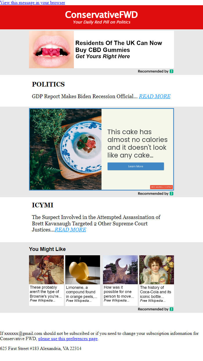 Screenshot of the email generated on import