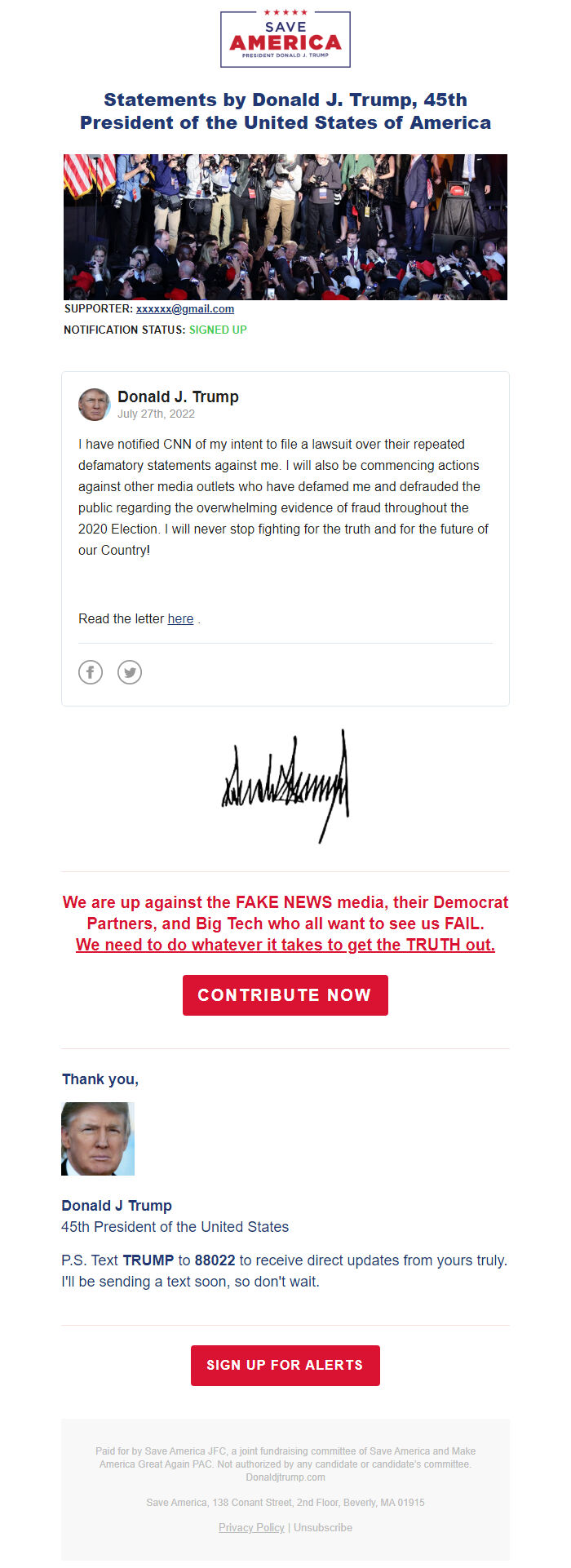 Screenshot of the email generated on import