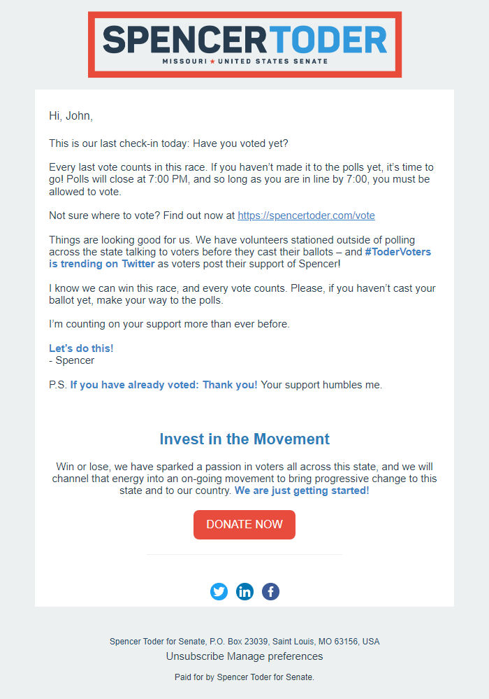 Screenshot of the email generated on import